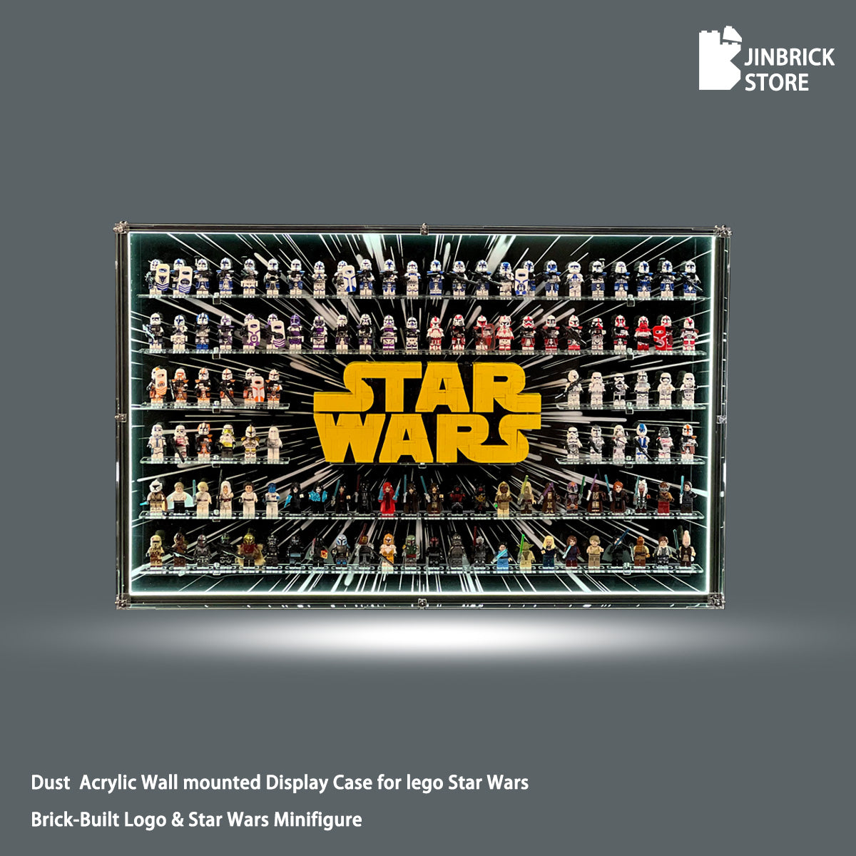 Dust Acrylic Wall mounted Display Case for lego Star Wars Brick-Built Logo & Star Wars Minifigure