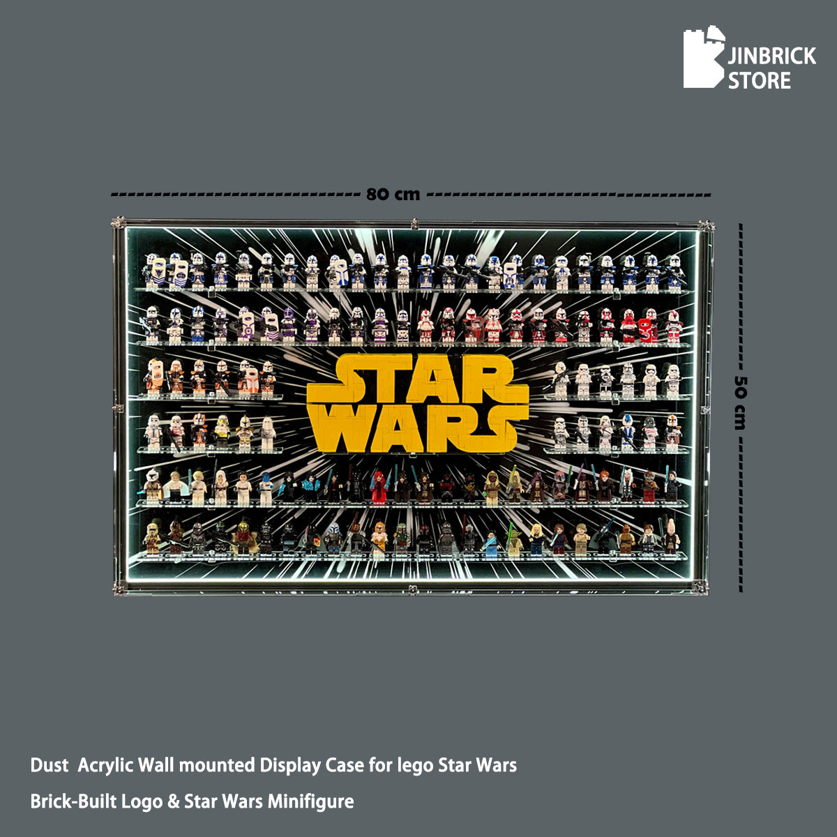 Dust Acrylic Wall mounted Display Case for lego Star Wars Brick-Built Logo & Star Wars Minifigure