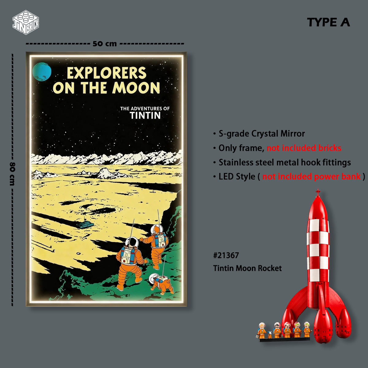 Wall Display Frame for LEGO® Ideas Tintin Moon Rocket 21367
